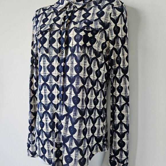 NWT TORY BURCH Navy Off White Print Kimber Blouse Top Shirt XS - Picture 3 of 10